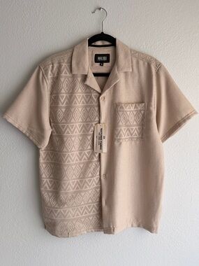 Malibu Beige Short Sleeve Button-Up Knit Shirt with Geometric Texture